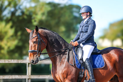 Model Riding with Foxbury Heritage Saddle Pad in Blue Velvet Suede